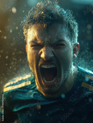 Obraz na płótnie Football player emotionally shouting under heavy rain on stadium against dark background. Concept of sport, emotions, championship, victory moment w salonie