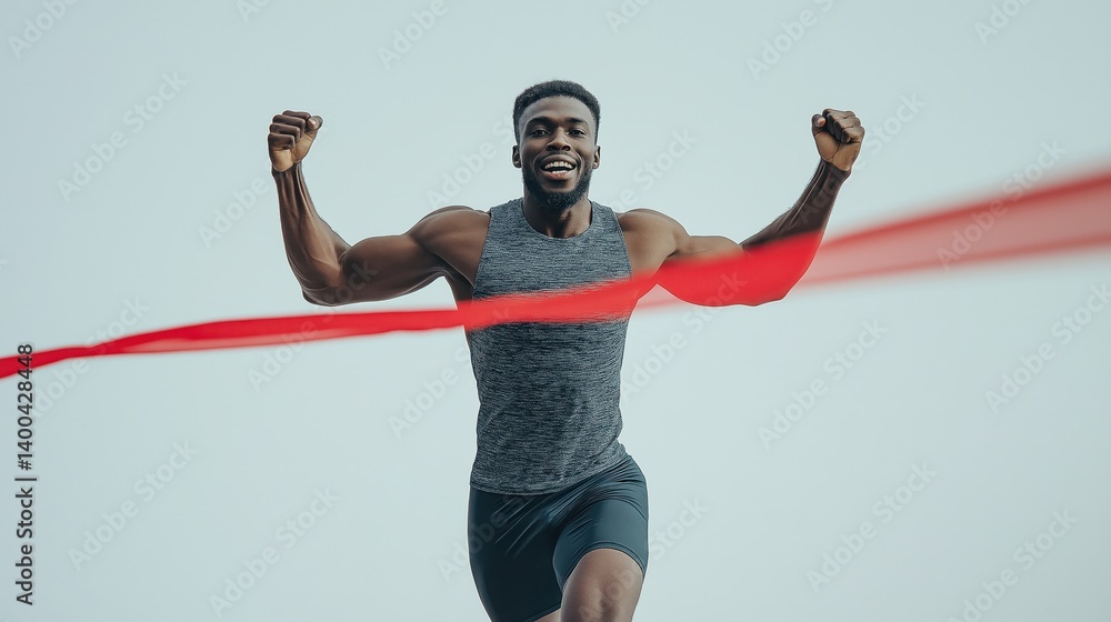 Runner breaks red finish line with powerful stride and confident smile against light background. Concept of sport, emotions, championship, victory moment