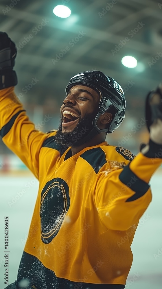 Happy African-American man, hockey player raises arms in victorious scream with snow flying and full passion on ice. Concept of sport, emotions, championship, victory moment