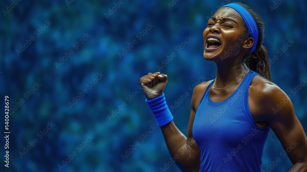 Woman, tennis player clenches fist and roars in ecstatic moment of victory on vibrant blue court. Concept of sport, emotions, championship, victory moment