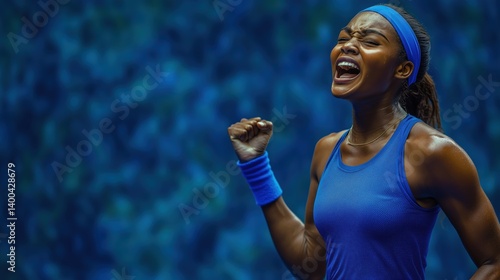 Obraz na płótnie Woman, tennis player clenches fist and roars in ecstatic moment of victory on vibrant blue court. Concept of sport, emotions, championship, victory moment w salonie