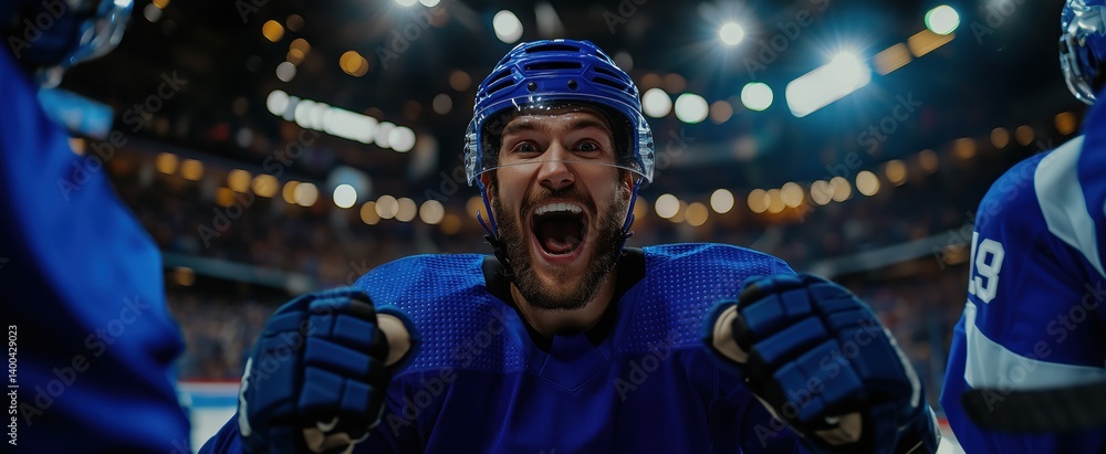 Happy, emotional man, hockey player in blue jersey shouting in stadium with confetti around. Concept of sport, emotions, championship, victory moment