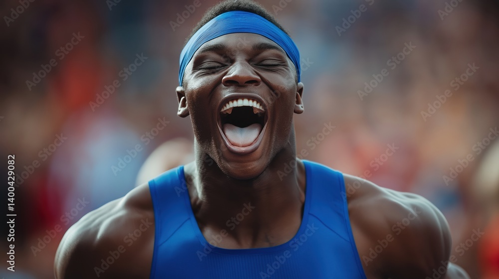 Happy shouting African-American man, athlete with muscular body shouting with happy, expressing emotions of success after winning game. Concept of sport, emotions, championship, victory moment