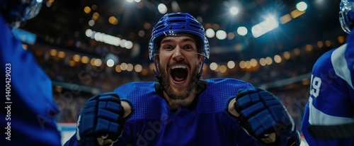Obraz na płótnie Happy, emotional man, hockey player in blue jersey shouting in stadium with confetti around. Concept of sport, emotions, championship, victory moment w salonie