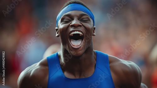 Obraz na płótnie Happy shouting African-American man, athlete with muscular body shouting with happy, expressing emotions of success after winning game. Concept of sport, emotions, championship, victory moment w salonie