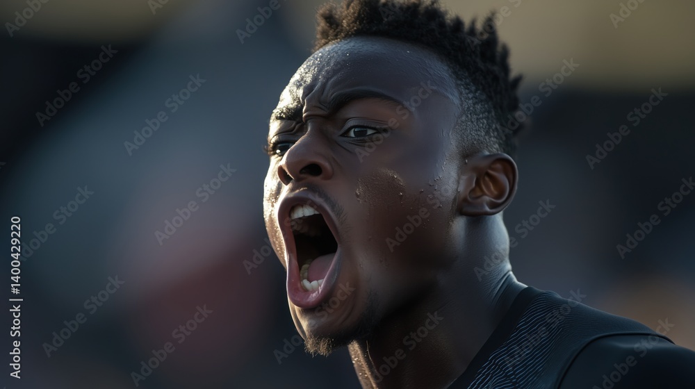 Intense game moment, Close-up of African-American man, player with sweating face shouting during match. Concept of sport, emotions, championship, victory moment