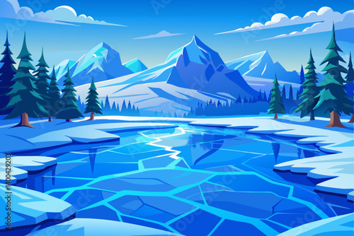 vector of Blue ice and cracks on the ice surface. Frozen lake under blue sky in winter. Pine hills. winter Carpathians, Ukraine, Europe.