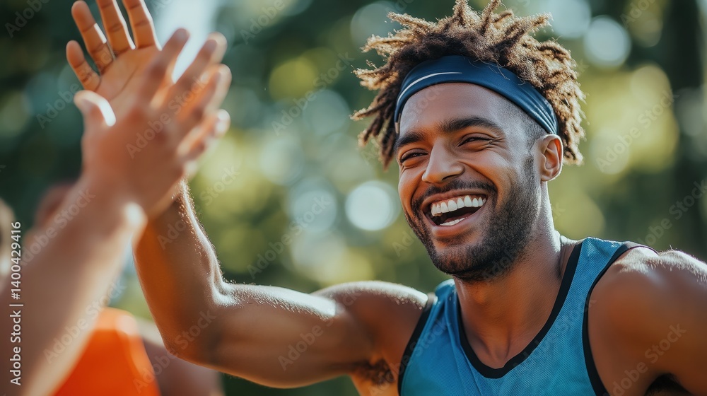 Happy man, player in sportswear giving high five to teammate during outdoor game in sunny day. Concept of sport, emotions, championship, victory moment