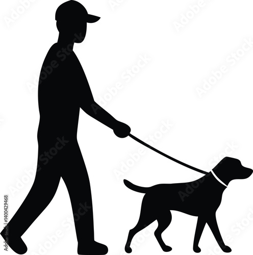 Silhouette of Man Walking Dog on Leash Isolated on Transparent Background