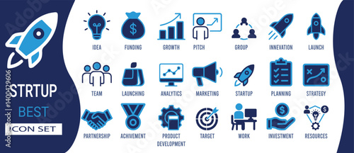 A clean, modern set of startup icons covering growth, strategy, teamwork, innovation, funding, and product development essentials.