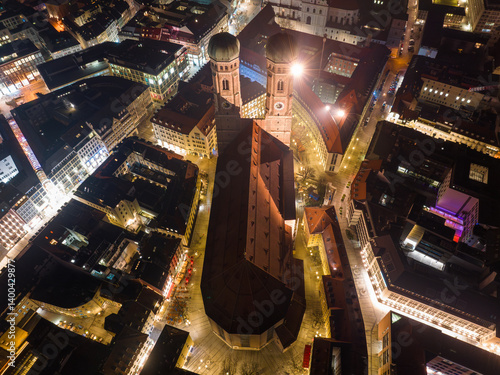 Frauenkirche in Munich at night from the air