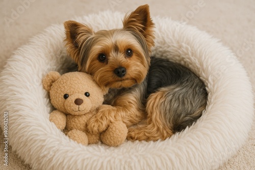 Cozy Dog Rests in Fluffy Bed With Teddy Bear in a Bright, Serene Indoor Setting