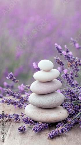 Serene stone cairn amidst fragrant lavender blossoms in a tranquil garden setting symbolizing balance and wellness with soft light and shallow depth of field