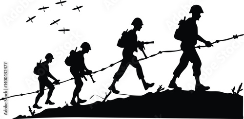 Silhouette Soldiers Climbing Hill with Weapons on White Background
