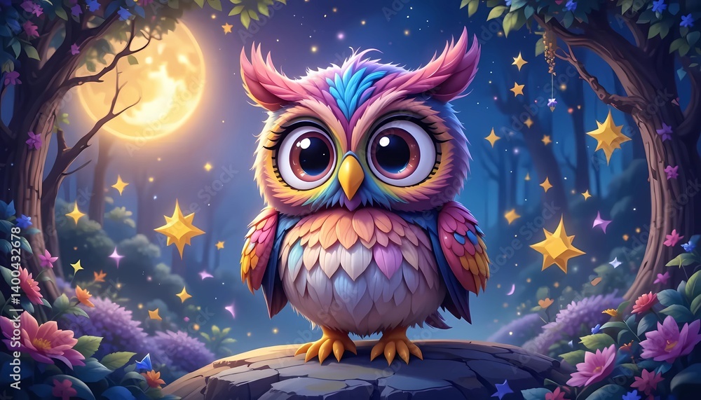 Naklejka premium A charming, cartoonish owl with vibrant, rainbow-colored feathers stands on a rock in a mystical forest at night.