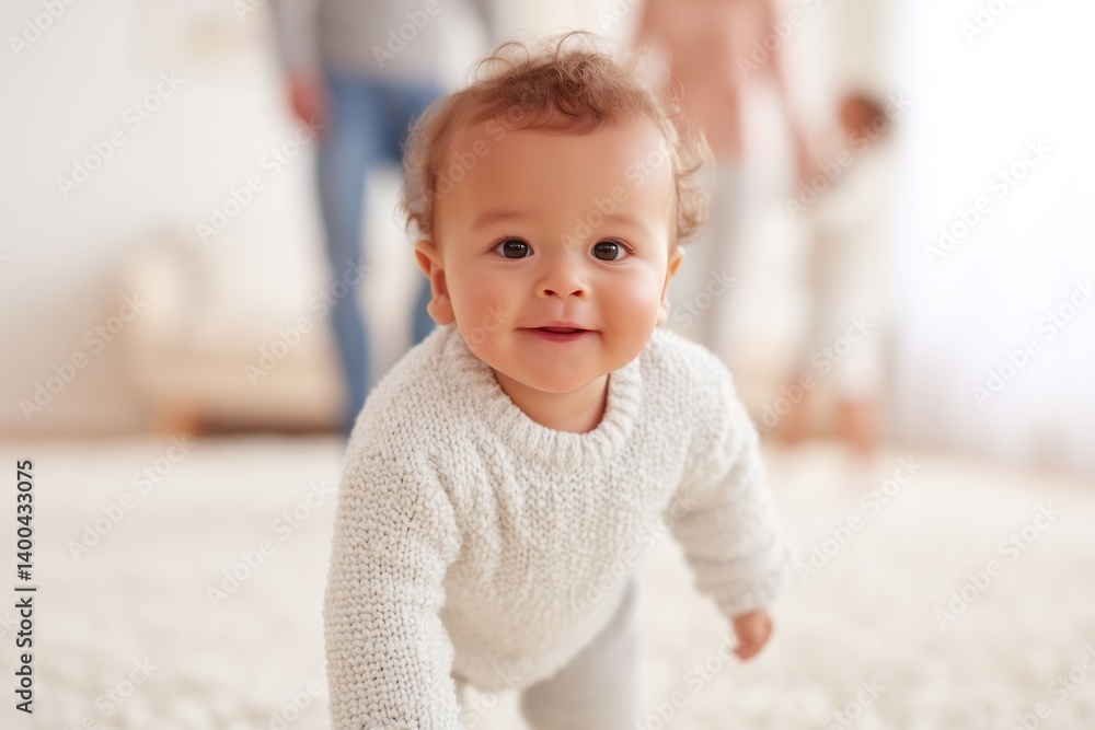 Smiling Baby Taking First Steps Indoors with Family in Background Smiling Baby Taking First Steps Indoors with Family in Background