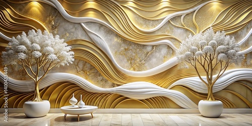 Fototapeta Naklejka Na Ścianę i Meble -  Luxurious Gold & White 3D Wave Mural Wallpaper - Abstract Tree Design