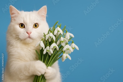 White Cat Holding Snowdrop Flowers Against a Light Blue Background in a Cozy ...