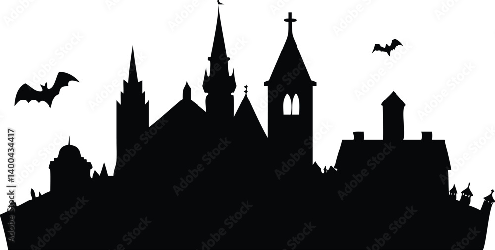 Spooky Silhouette Gothic Cityscape with Church, Towers, and Bats on White Background