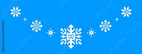 White snowflakes on a blue background. Beautiful semicircular border of snowflakes. Pixel drawing