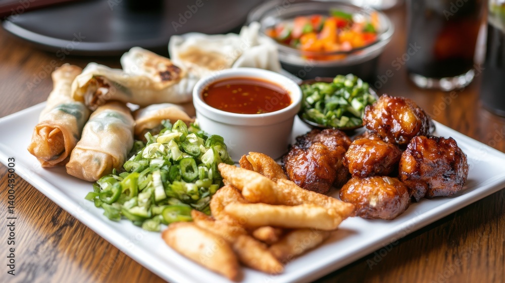 A platter of assorted Asian appetizers with a dipping sauce, including spring rolls, dumplings, and fried items. A platter of assorted Asian appetizers with a dipping sauce, including spring rolls, dumplings, and fried items.