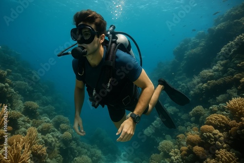 Scuba Diver Exploring Coral Reef During Sunny Day Underwater