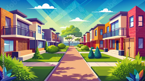 A row of contemporary Australian townhouses. Modern multi-unit dwellings along a concrete pathway with small front gardens and an open green community 