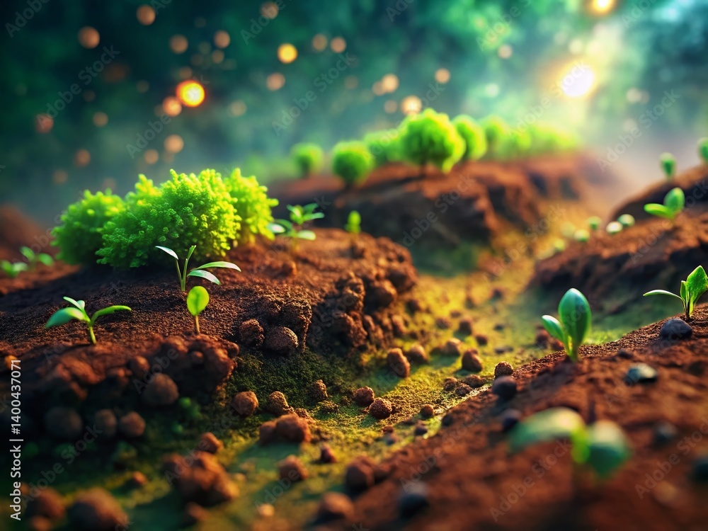 Lush Green Plant Sprout Emerging from Rich Soil - Close Up Long Exposure