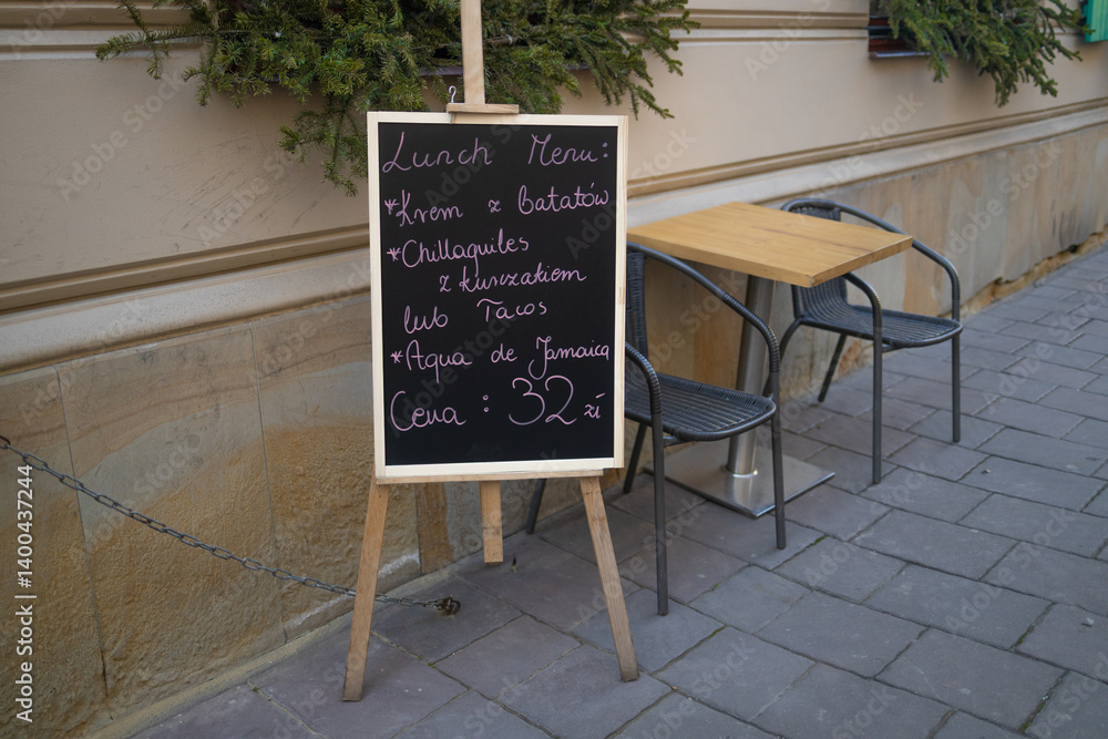 A vibrant cafe bar located in the historic center of Krakow, Poland. The large advertising sign on the main street captures the lively atmosphere of this popular spot, perfect for visitors and locals