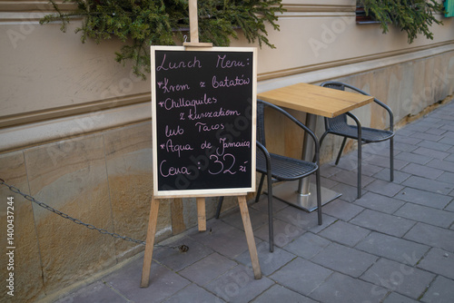 Obraz na płótnie A vibrant cafe bar located in the historic center of Krakow, Poland. The large advertising sign on the main street captures the lively atmosphere of this popular spot, perfect for visitors and locals w salonie