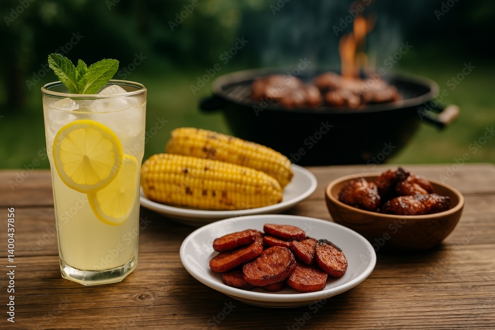 Grilling Meat and Vegetables With Refreshing Drink in Outdoor Setting During Sunny Afternoon Grilling Meat and Vegetables With Refreshing Drink in Outdoor Setting During Sunny Afternoon