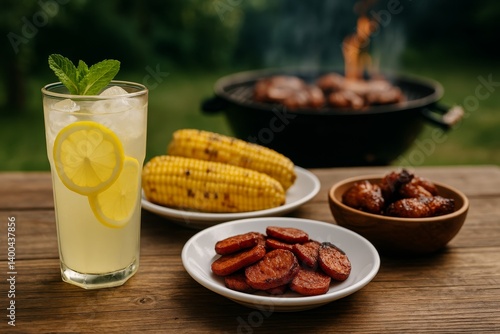 Grilling Meat and Vegetables With Refreshing Drink in Outdoor Setting During ...