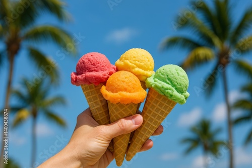 Brightly Colored Ice Cream Cones Held Against a Tropical Backdrop in a Sunny ...
