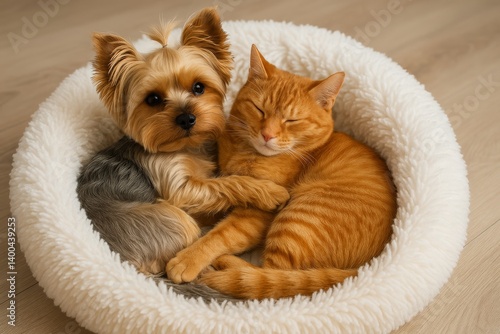 Cozy Dog and Cat Cuddling Together in a Fluffy Pet Bed at Home During the Aft...
