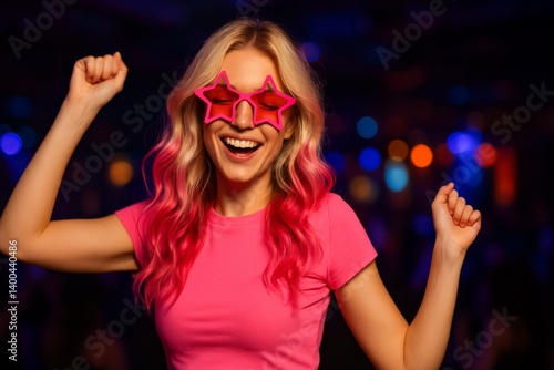 Joyful Partygoer With Star Sunglasses Celebrates at Vibrant Nightlife Event