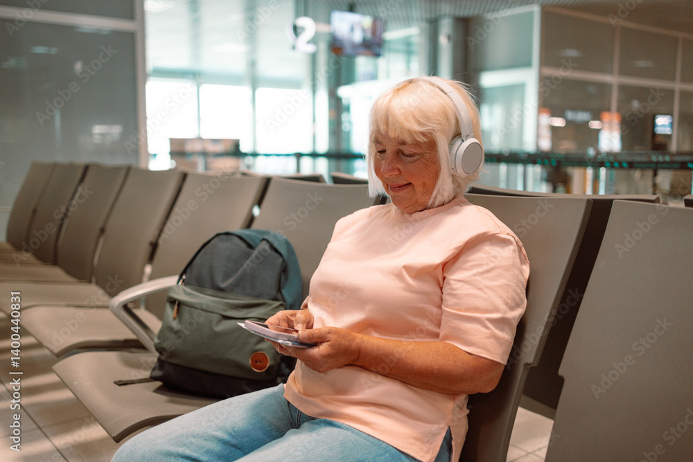 Caucasian elderly attractive 50s woman at the airport terminal while waiting for boarding a plane to go on vacation. Uses smartphone, wears headphones to listen music with a carry-on suitcase next to