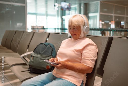 Obraz na płótnie Caucasian elderly attractive 50s woman at the airport terminal while waiting for boarding a plane to go on vacation. Uses smartphone, wears headphones to listen music with a carry-on suitcase next to w salonie