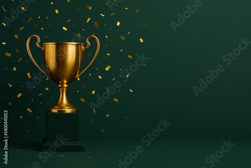 Golden Trophy Surrounded by Falling Confetti on a Dark Green Background Durin...