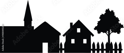 Village Silhouette with Church, House, Tree and Fence on Transparent Background