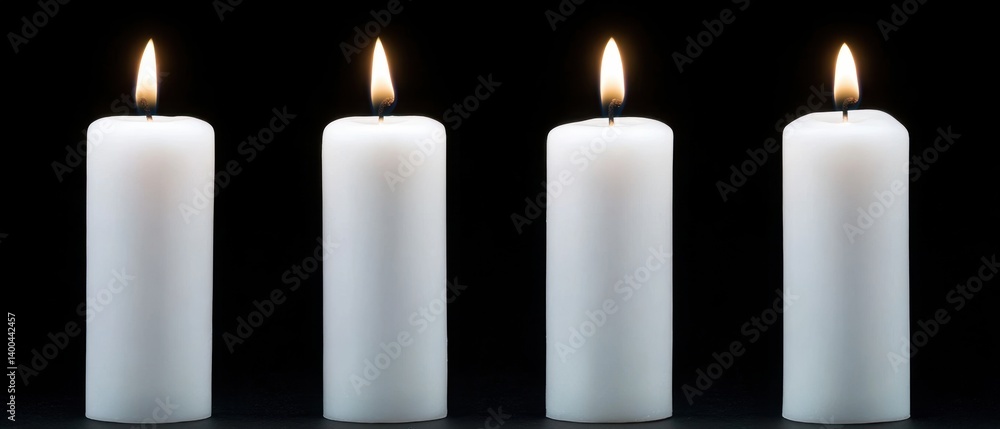 Serene quartet of glowing white candles illuminating darkness creating a peaceful ambiance with simple elegance and a minimalist style on black background Serene quartet of glowing white candles illuminating darkness creating a peaceful ambiance with simple elegance and a minimalist style on black background