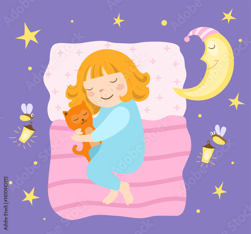 Little girl sleeping with toy kitten