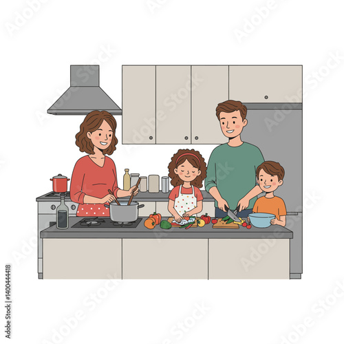Happy Family Cooking Together in the Kitchen A Delightful Illustration