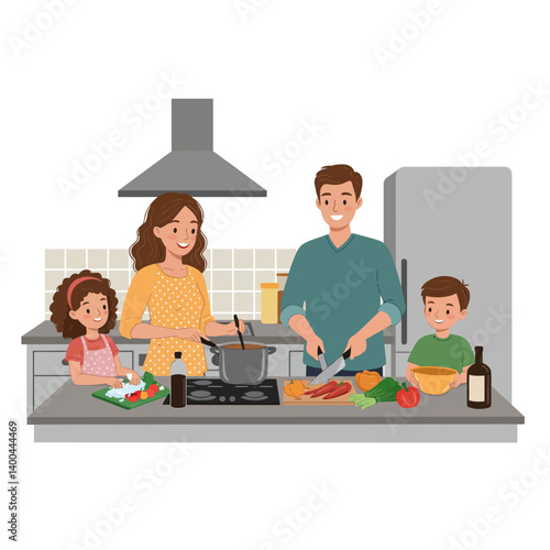 Happy Family Cooking Together in the Kitchen A Delightful Illustration
