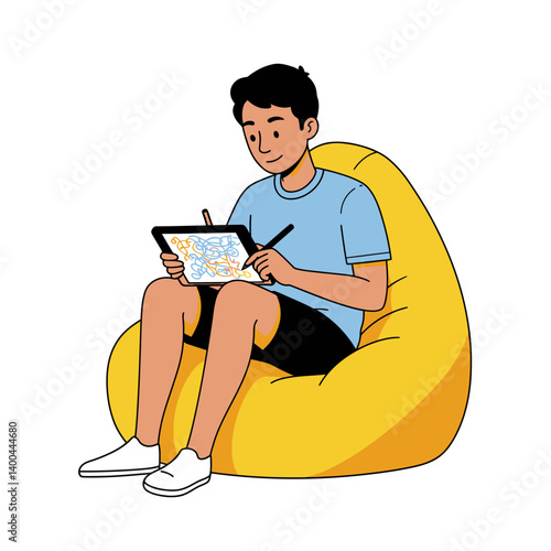 Young Man Relaxing and Drawing on a Digital Tablet