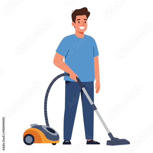 Happy Man Vacuuming Cleaning Illustration