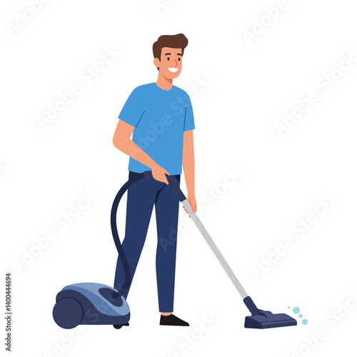 Happy Man Vacuuming, House Cleaning Illustration