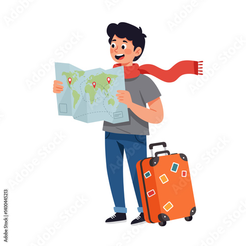 Excited Traveler with Map and Suitcase Planning an Adventure