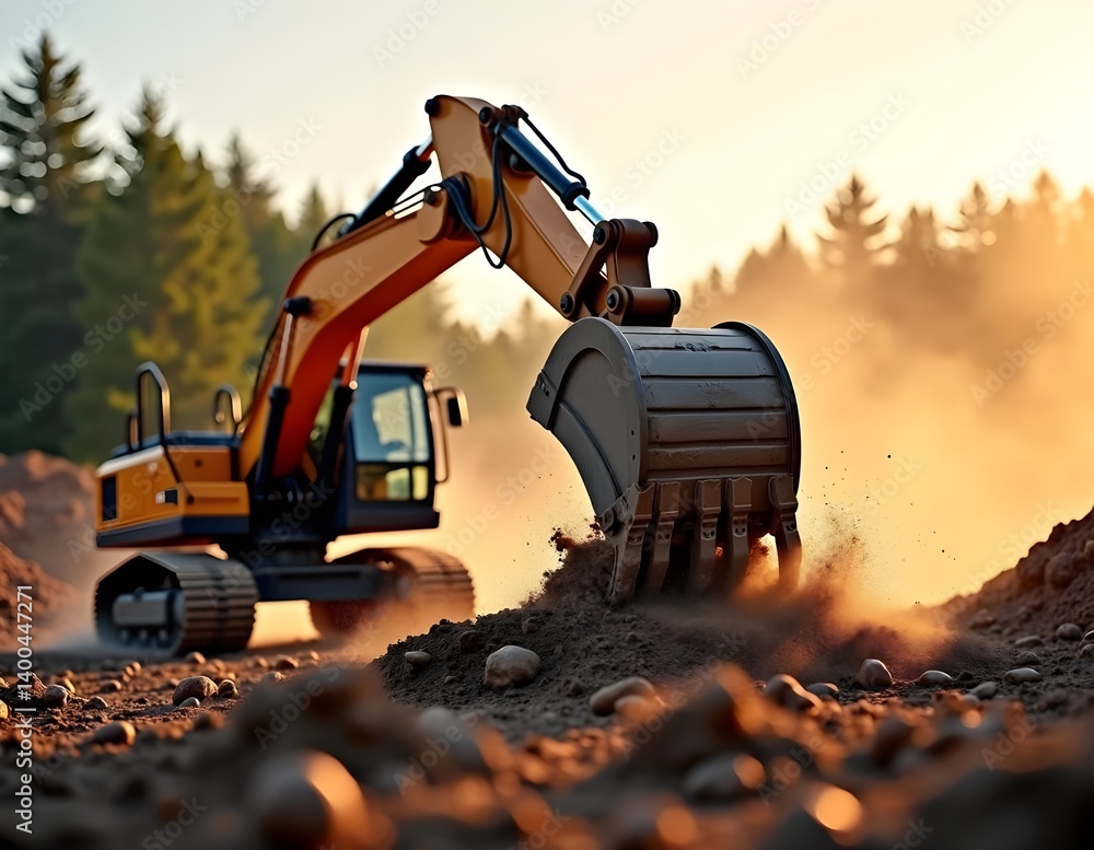 Close-Up of Excavator Digging at Construction Site – Heavy Equipment Earthmoving Scene