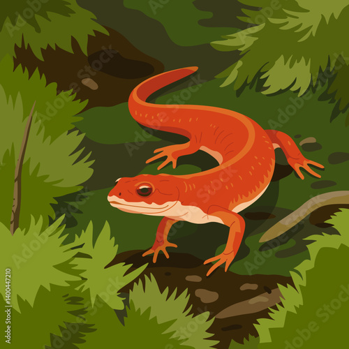 Bright Orange Eastern Newt in Forest Illustration