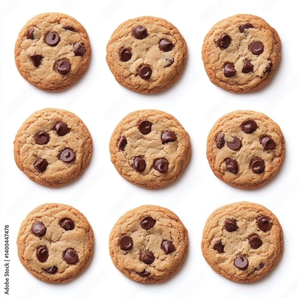 Delicious chocolate chip cookies arranged on a clean white background creating a visually appealing and mouthwatering pattern perfect for food photography Delicious chocolate chip cookies arranged on a clean white background creating a visually appealing and mouthwatering pattern perfect for food photography